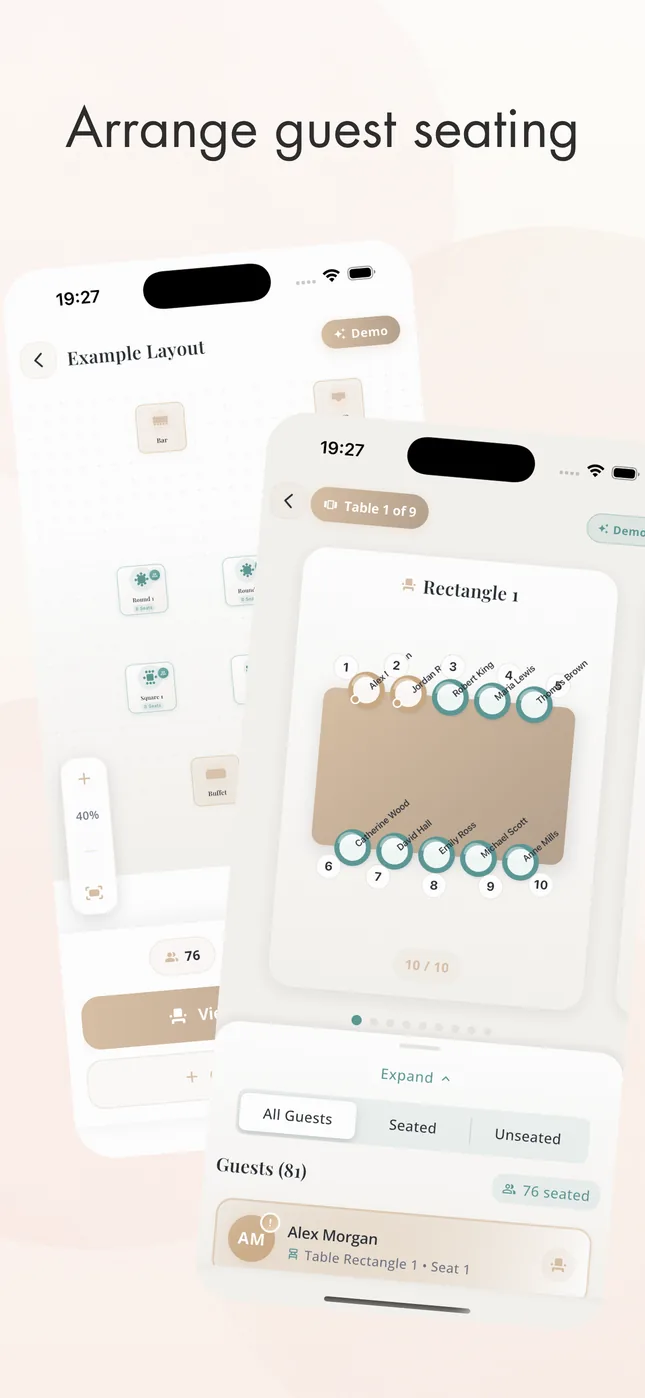 PlanWed mobile seating chart showing the room layout, tables and assigned guests